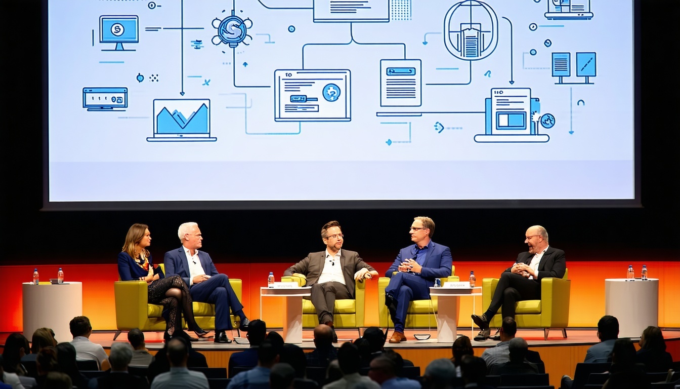 a conference theatre on financial services with a keynote panel discussing finance have a load of diagrams on screen-1 a conference theatre on financial services with a keynote panel discussing finance have a load of diagrams on screen-1