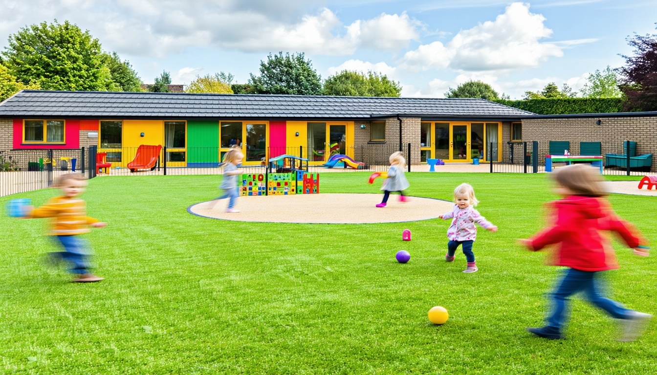 generate an image of a busy day nursery in the uk with children playing around make it colorful and bright