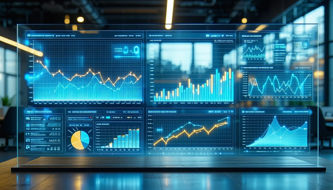 make an image showing generic financial metrics eg revenues profits losses visualised as dynamic charts or dashboards on a transparent digital screen or holographic display in a modern financial services office setting-1