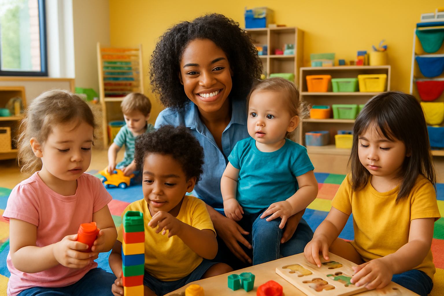 photographic a vibrant nursery setting with a diverse group of children playing and being taken care of  a well funded and smart nursery site