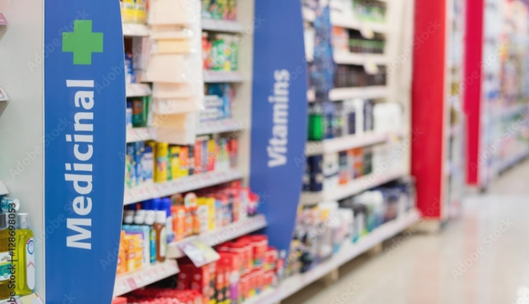 Stocked pharmacy shelves