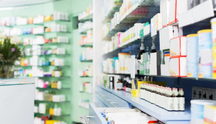Well stocked pharmacy shelves